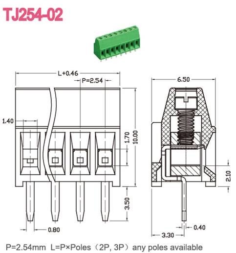 вход провода терминального блока PCB 2.54mm латунный зеленый прямоугольный