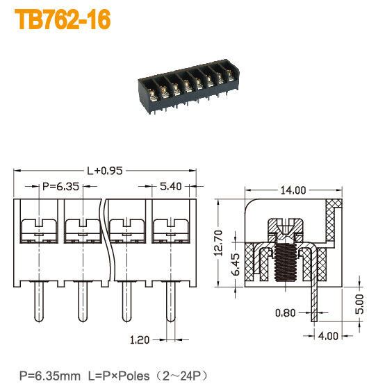Латунь UL94 V0 тангажа 300V 15A терминального блока 6.35mm барьера PBT