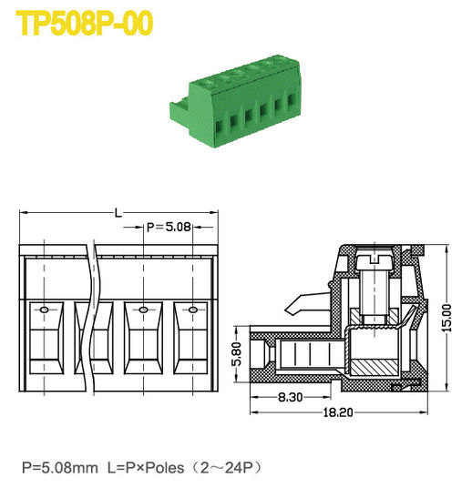 300V / тангаж 5.08mm винта M3 блоков терминала женских частей 18A электрический