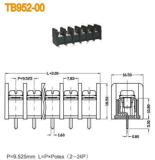 Латунные черные блоки терминала 20A PCB UL94-V0/тангаж винта 9.525mm 300V M4