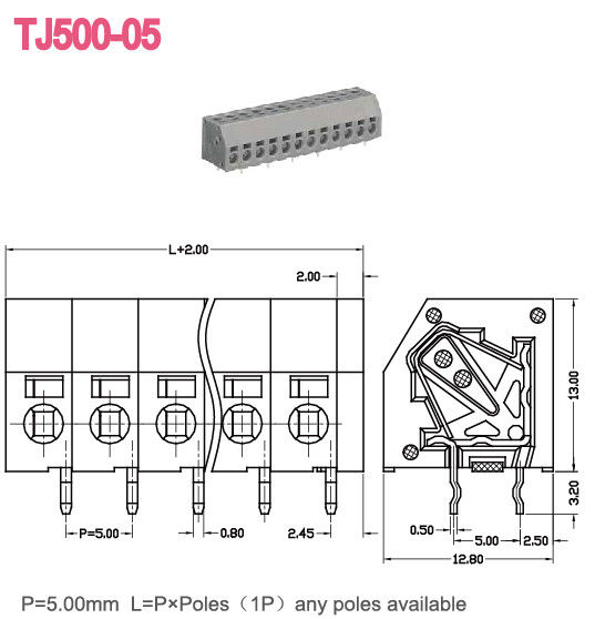 AWG поляков 16-26 терминального блока 300V 10A 2-24 Screwless весны тангажа 5.0mm