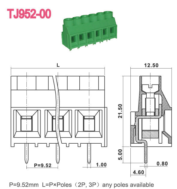 Поляки терминального блока 300V 30A 2-16 PCB винта 9.52mm M3 зеленого цвета