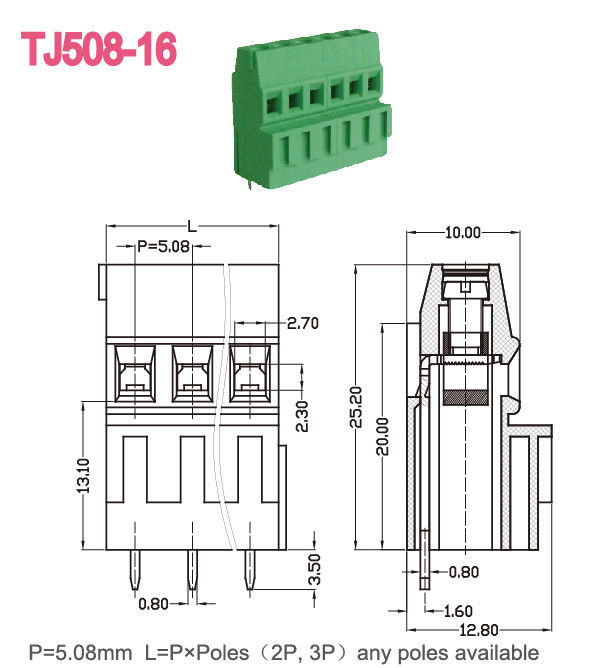 Зеленая терминальная длина 12-26AWG винта 6-7mm разъема 300V/10A M3 блока обнажая