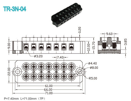 7 Poles затыкают внутри винт M3 AWG черноту 300V/20A 12-16 разъема терминального блока латунный