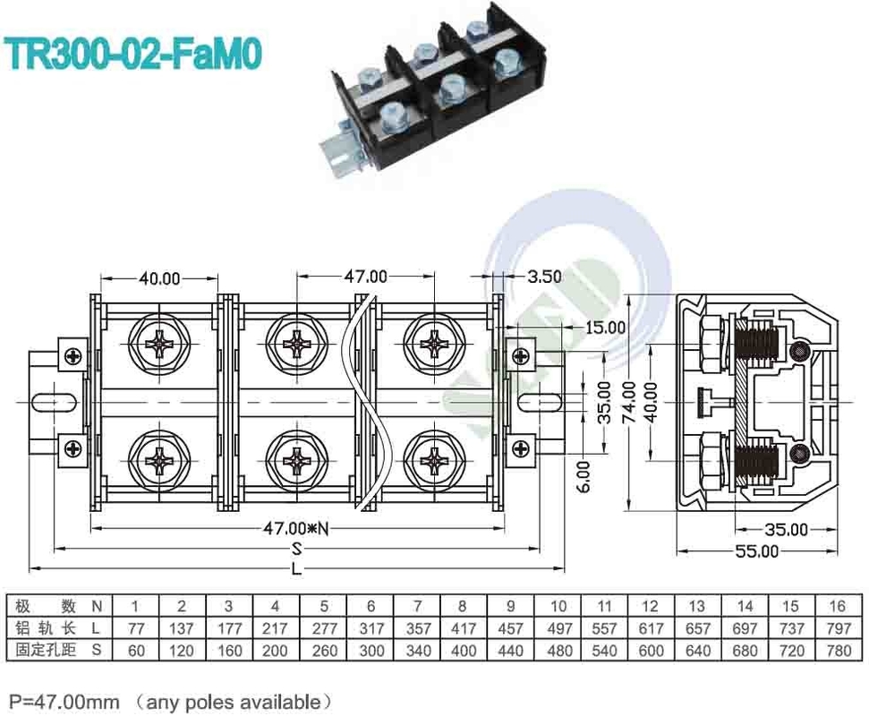 Ключевой блок для монтажа панели PCB 47,00 мм 600 В 300 А ПК Черный винтовой терминал