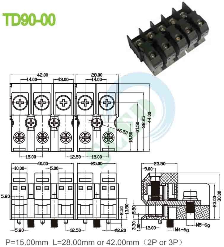 Ввод через 90A 600V PA66 M5 Перфорационный терминал блок 15.00мм 4-20 AWG